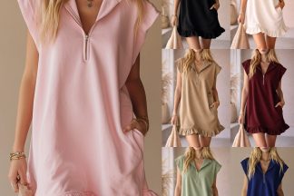 V-Neck Sleeveless Dress - Women's Casual Summer Dress With Two Front Pockets And Back Zipper Closure For Daily Wear